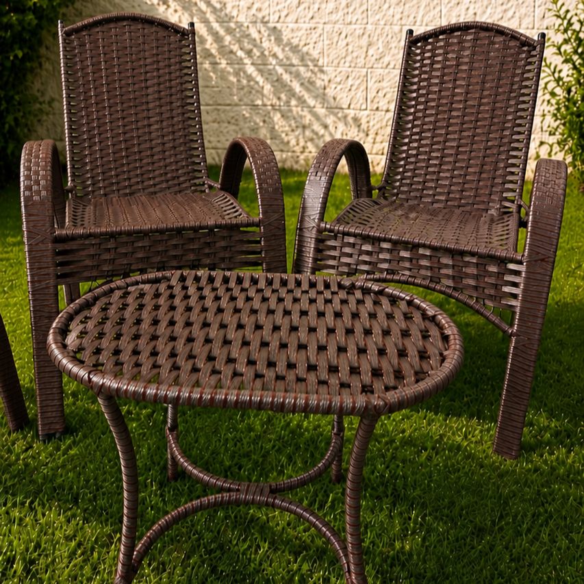 Conjunto de poltronas e mesa de fibra sintética em jardim